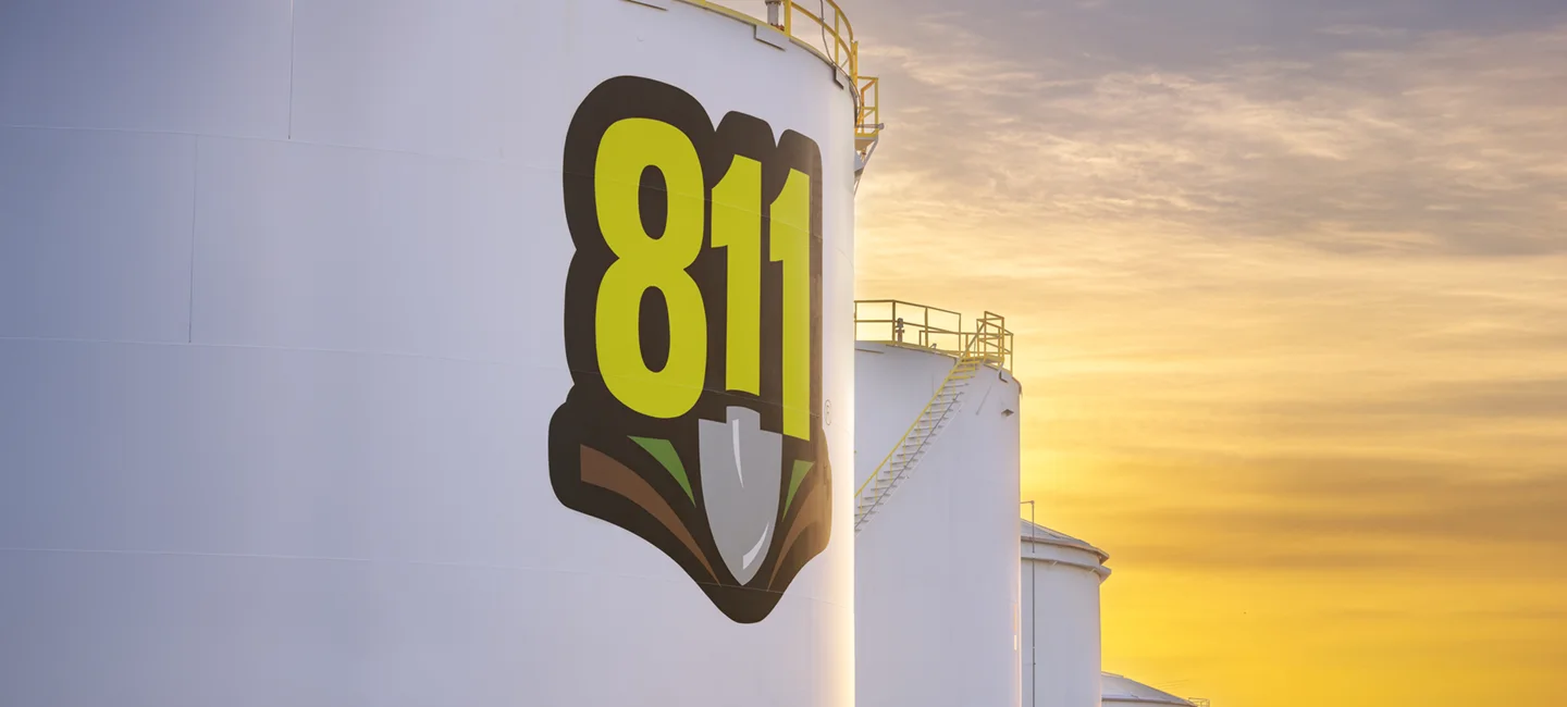 A large gas container at sunset with the 811 logo plastered on the side