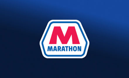 The red, white, and blue Marathon logo over a blue background
