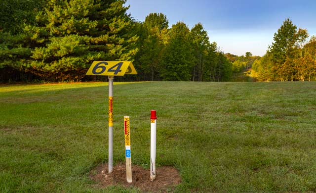 Pipeline utility marker posts and a yellow sign with the number 64 on it in an open grassy field bordered by trees under a clear sky