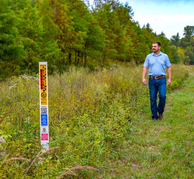Man walking along a grassy path next to a petroleum pipeline marker post with a forested area in the background